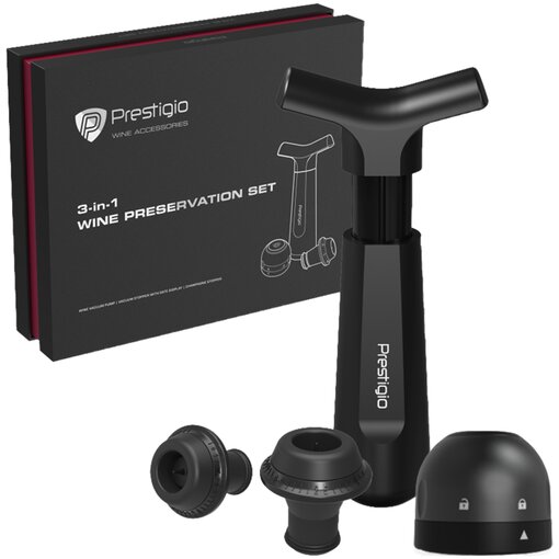 

Набор Prestigio Manual Vacuum Wine Stopper with stoppers and champane stopper, вакуумная помпа, вакуумная пробка 2шт, пробка для шампанского, черный (PWA102PS), Manual Vacuum Wine Stopper with stoppers and champane stopper