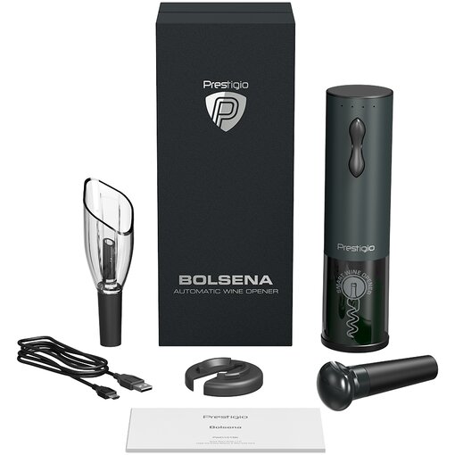 Набор Prestigio Bolsena, штопор электрический, нож для фольги, аэратор, вакуумная пробка, кабель, 500mAh, черный (PWO101BK)