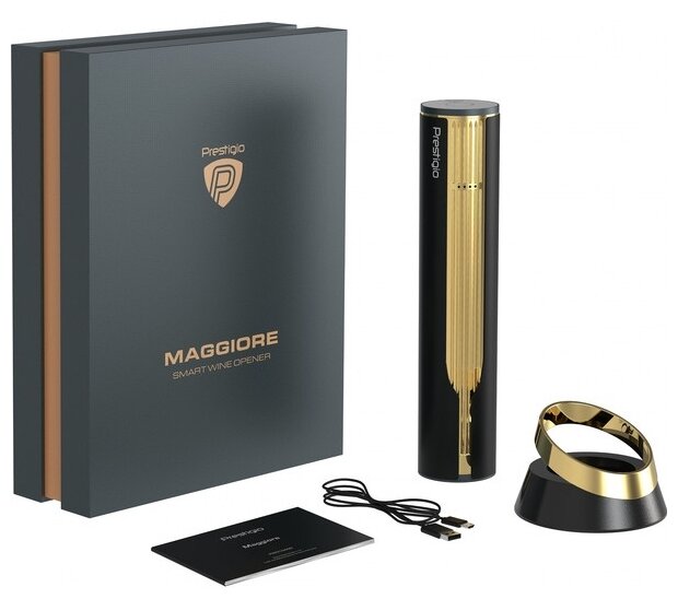 

Набор Prestigio Maggiore, штопор электрический, нож для фольги, зарядная база, кабель, 480mAh, черный/золотистый (PWO104GD), Maggiore