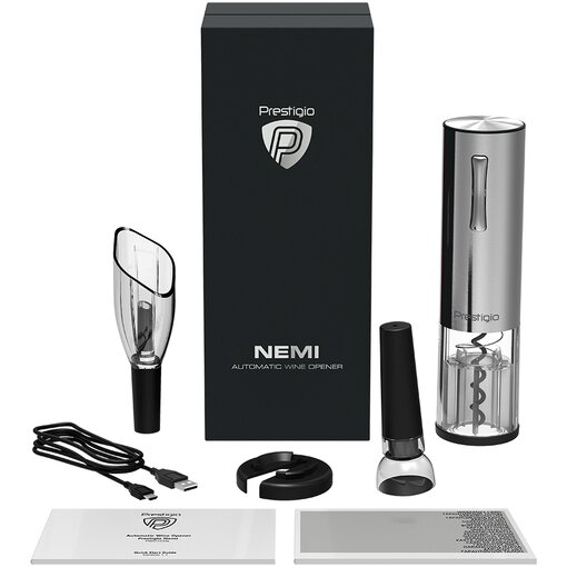 Набор Prestigio Nemi, штопор электрический, нож для фольги, аэратор, вакуумная пробка, кабель, 600mAh, серебристый (PWO103SL)