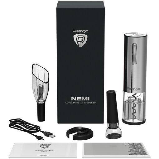 

Набор Prestigio Nemi, штопор электрический, нож для фольги, аэратор, вакуумная пробка, кабель, 600mAh, серебристый (PWO103SL), Nemi