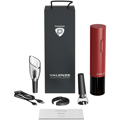 Набор Prestigio Valenze, штопор , нож для фольги, аэратор, вакуумная пробка, кабель, 500mAh, красный/черный (PWO106RD)