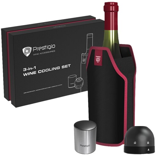Набор Prestigio Wine Stopper + Champagne Stopper + Sleeve, рукав охладительный, вакуумная пробка с помпой, пробка для шампанского, черный/красный/серебристый (PWA101CS)