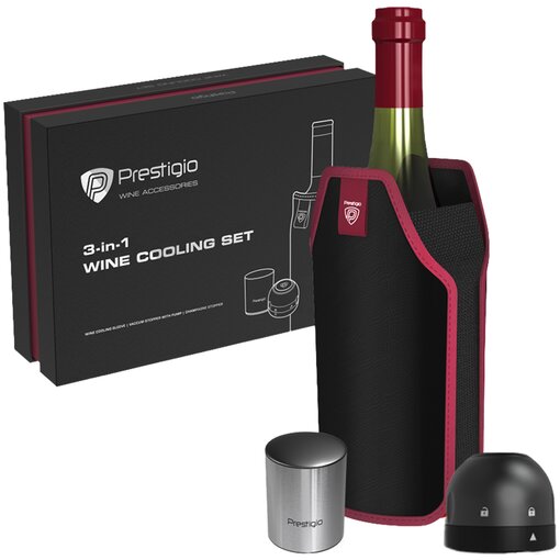 

Набор Prestigio Wine Stopper + Champagne Stopper + Sleeve, рукав охладительный, вакуумная пробка с помпой, пробка для шампанского, черный/красный/серебристый (PWA101CS), Wine Stopper + Champagne Stopper + Sleeve
