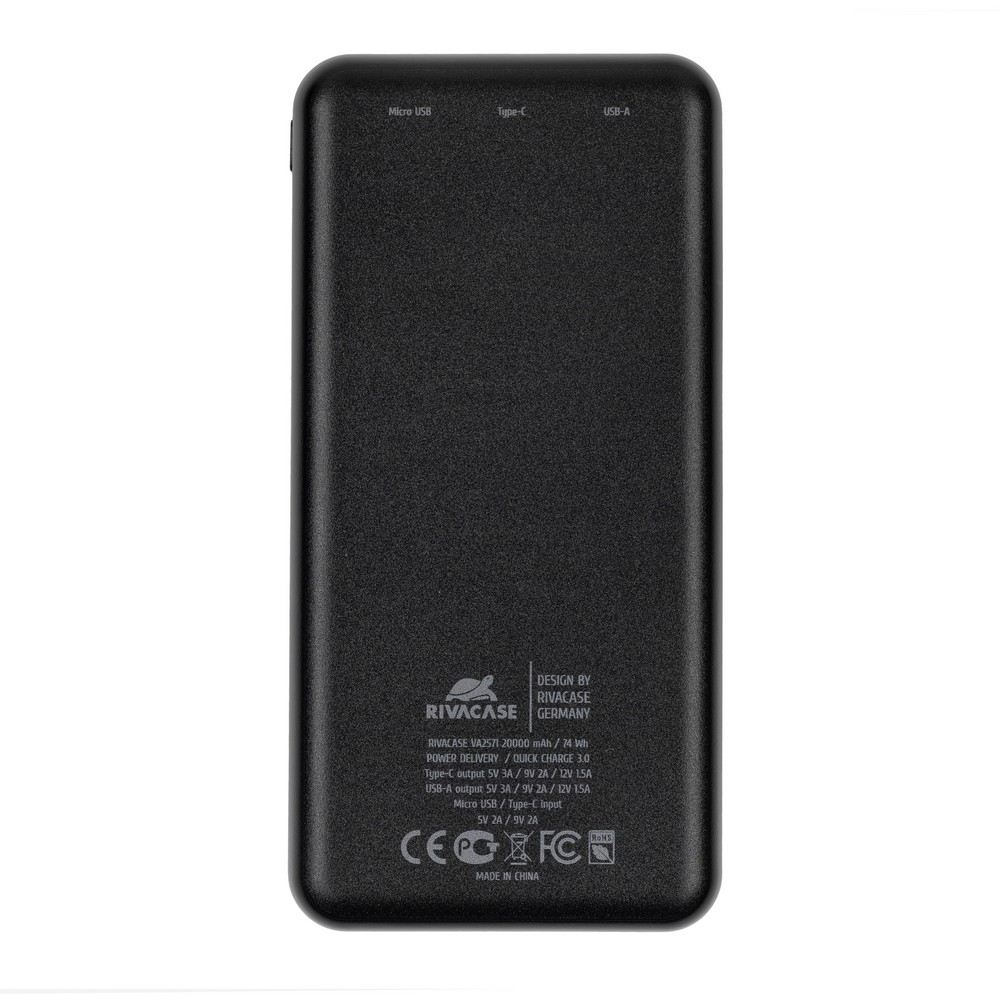

Портативный аккумулятор (Powerbank) RivaCase VA2571, 20000 мА·ч, 1xUSB, 3А, Type-C, QC, PD, черный, VA2571