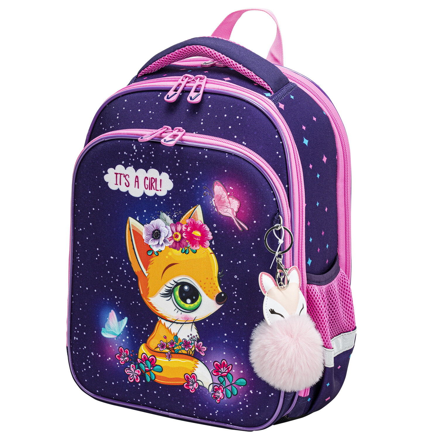 

Ранец Brauberg QUADRO Little fox, анатомическая, вентилируемая, формоустойчивая спинка, 3 отделения, фиолетовый/розовый (270601)