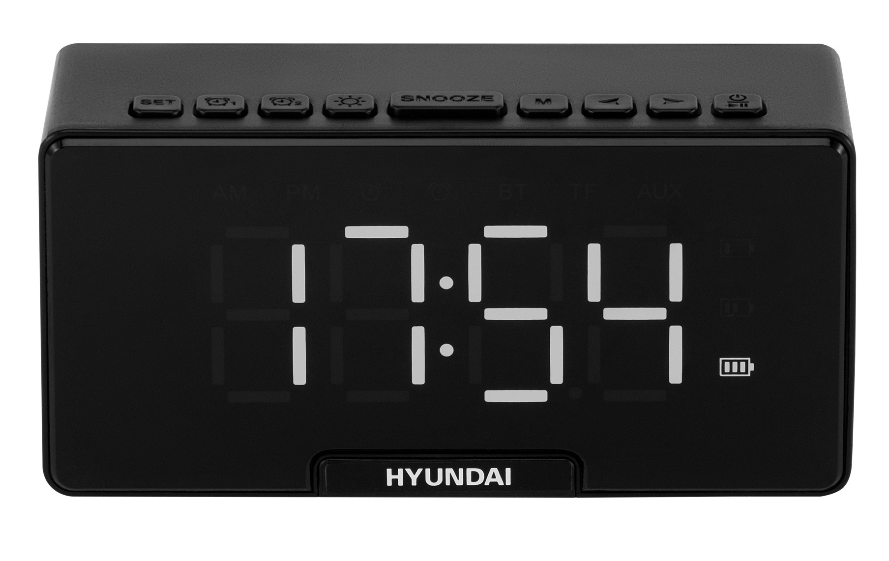 

Часы-колонка Hyundai H-RCL400, белая подсветка, сеть/аккумулятор, будильник, подставка под смартфон, Bluetooth, microSD, mp3, AUX, черный (1466554), H-RCL400