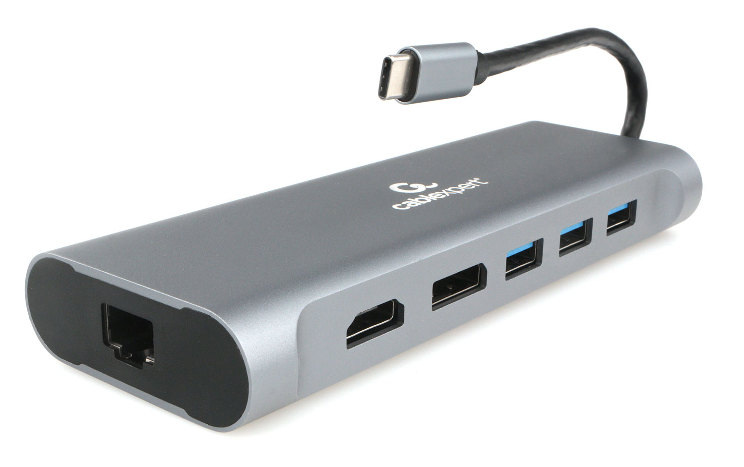 Концентратор Cablexpert, 4xUSB 3.0, 1 (для питания)xUSB-C, серый + HDMI, DisplayPort, VGA, RJ-45, стерео-аудио (A-CM-COMBO8-01)
