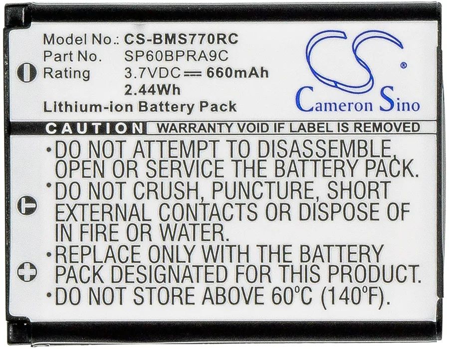 

Аккумулятор CameronSino SP60BPRA9C для Panasonic KX-TCA285/TCA385, KX-UDT121/UDT131, 3.7V, 660mAh (CS-BMS770RC)