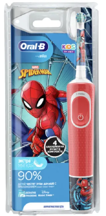 

Детская электрическая зубная щетка Oral-B Spiderman, 1 насадка, 2 режима, красный (4210201422945), Spiderman