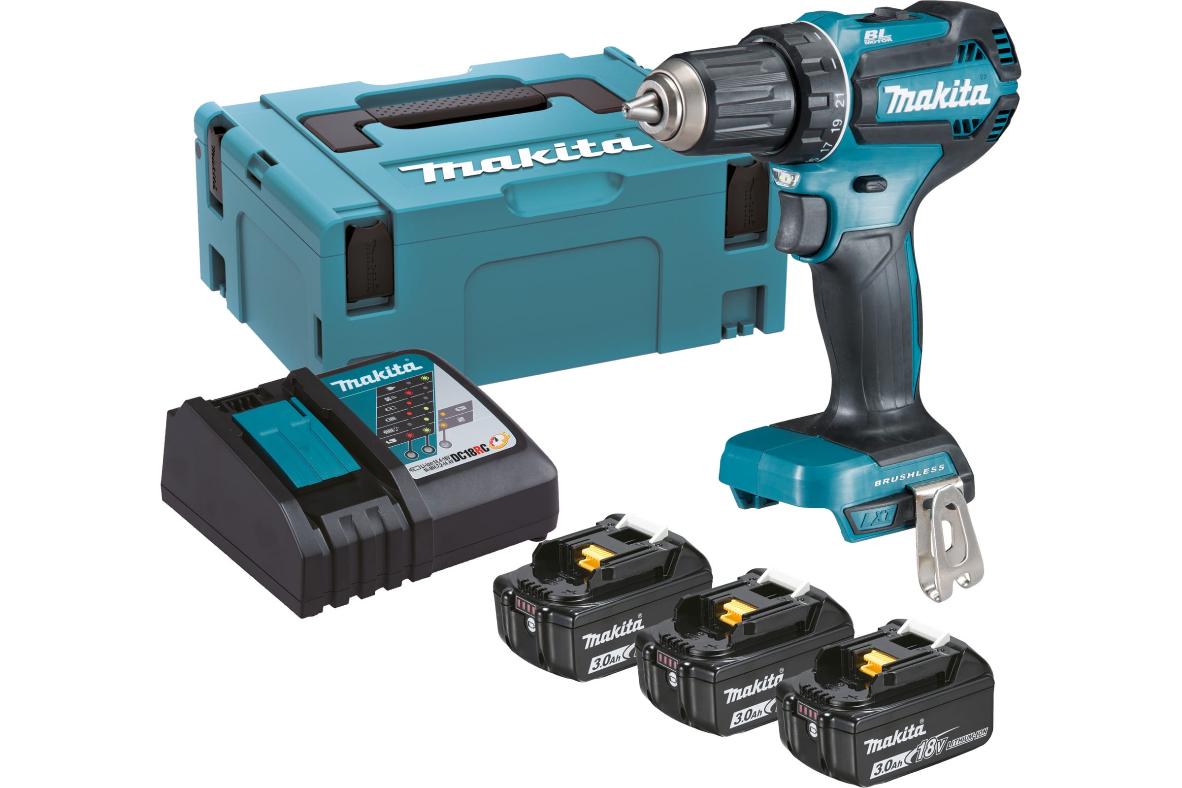 Дрель-шуруповерт Makita DDF485RF3J, аккумуляторный, 50 Н·м, 1900 об/мин, 18V, 3 А·ч, Li-Ion, 3, быстрозажимной патрон, кейс, 1.7кг