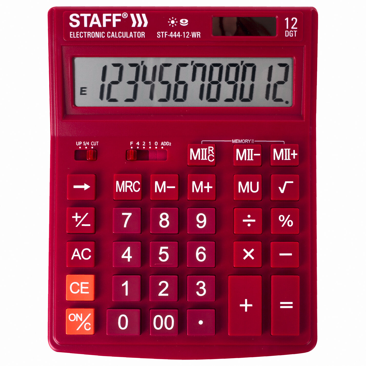 Калькулятор настольный STAFF STF-444-12-WR, 12-разрядный, однострочный экран, бордовый (250465)