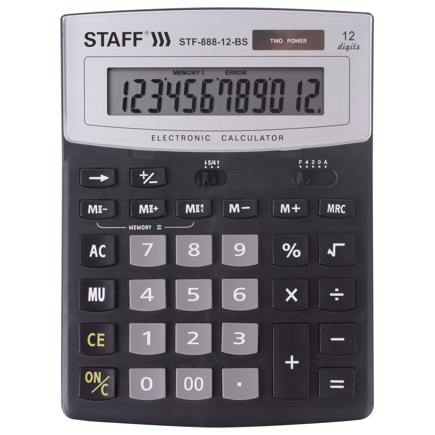 

Калькулятор настольный STAFF STF-888-12-BS, 12-разрядный, кол-во функций:2, однострочный экран, черный/серый (STF-888-12-BS), STF-888-12-BS