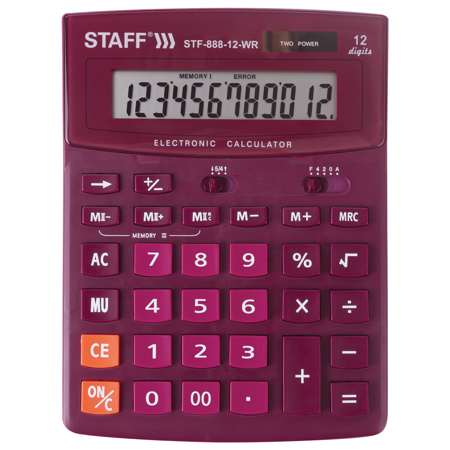 

Калькулятор настольный STAFF STF-888-12-WR, 12-разрядный, кол-во функций:2, однострочный экран, бордовый (STF-888-12-WR), STF-888-12-WR