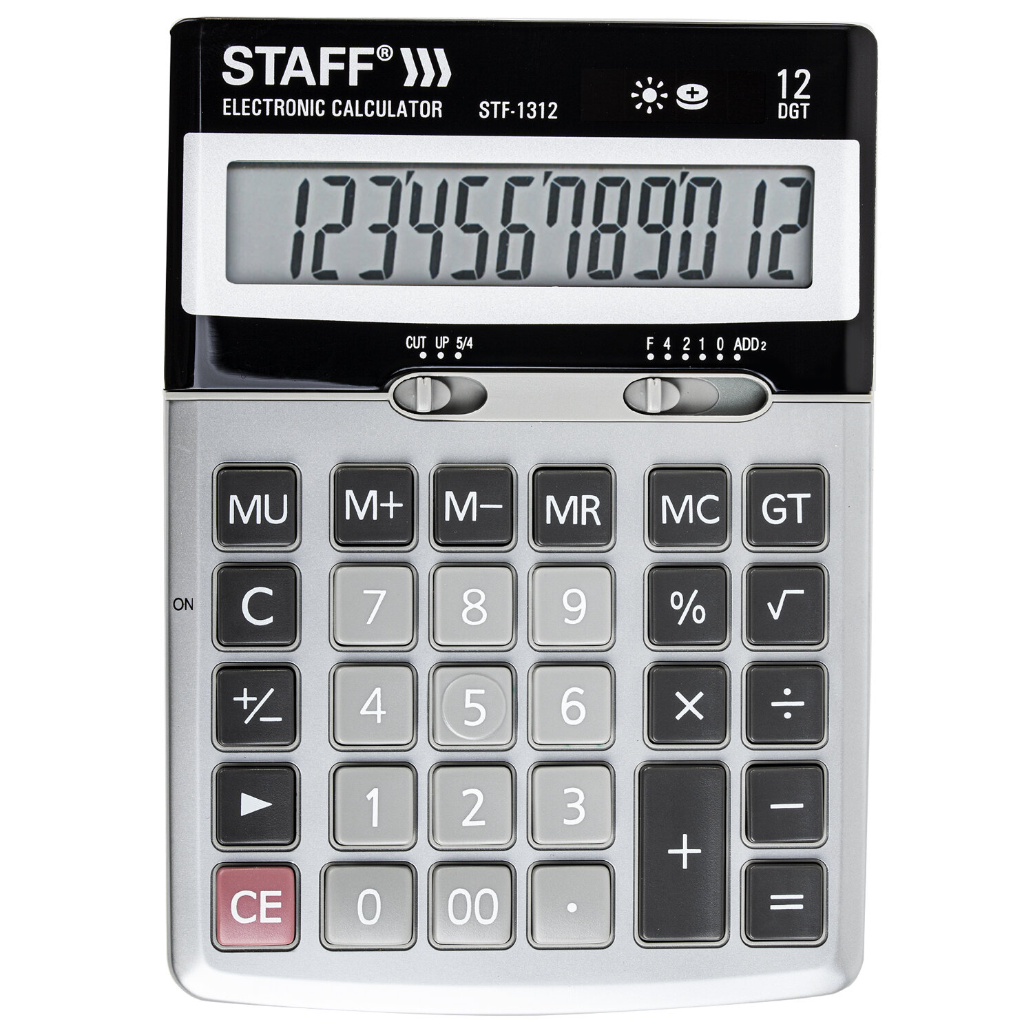 

Калькулятор настольный STAFF STF-1312, 12-разрядный, кол-во функций:3, однострочный экран, черный/серый (STF-1312), STF-1312