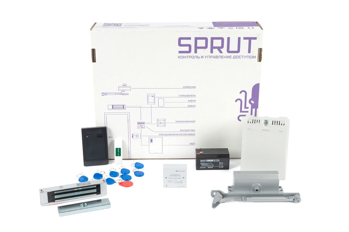 

Комплект системы контроля доступа БАСТИОН SPRUT Офис бюджет, комплект поставки: электромагнитный замок на 180 кг с планкой и уголком, дверной доводчик с усилием 50 кг, считыватель и кнопка выход, ИБП 12 В 1 А , АКБ 1,2 Ач., 10 пользовательских брелоков, 1