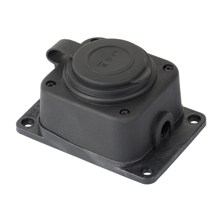 

Розетка EKF, открытый монтаж, однопостовая, с з/к, с крышкой, 16A, в сборе, IP44, 2Р+РЕ, 220В, черный (RPS-014-16-230-44-r)