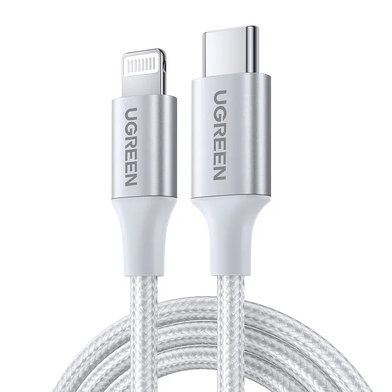 

Кабель USB Type-C(M)-Lightning 8-pin(M), MFi, экранированный, быстрая зарядка, 3А, Power Delivery 20 Вт, 2 м, серебристый, UGREEN US304 (70525), US304