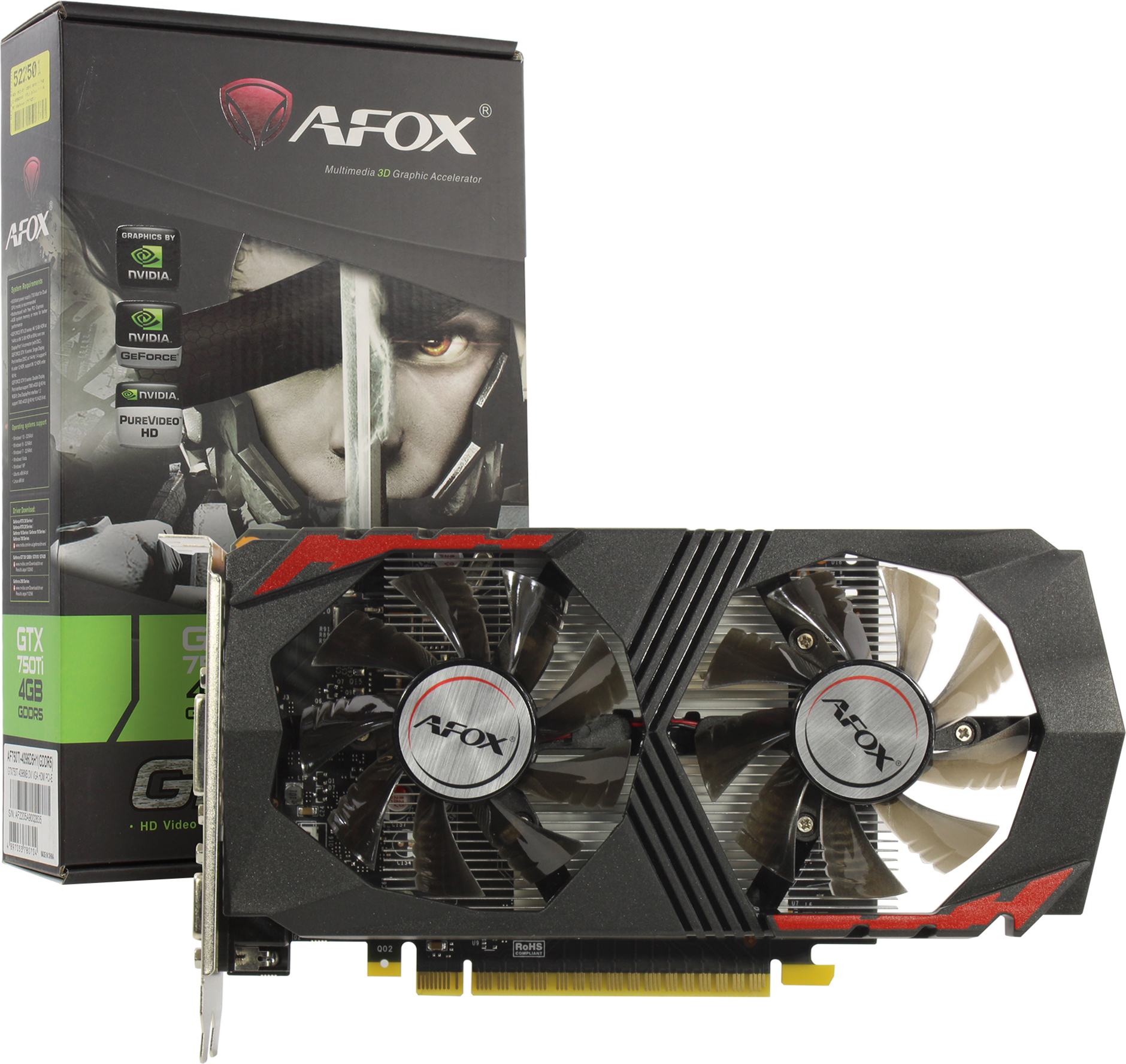 Видеокарта AFOX GeForce GTX750Ti, 4Gb DDR5, 128bit, PCI-E, VGA, DVI, HDMI, Retail (AF750TI-4096D5H1) - фото 1