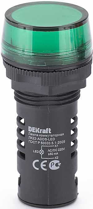 Лампа коммутационная LED зеленый 22 мм 220В AC/DC, DEKraft ЛK-22 (25118DEK)