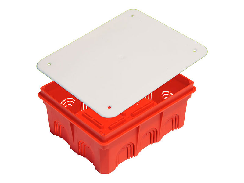 Коробка разветвительная прямоугольная 188ммx148мм, ⌀25мм, глубина 68мм, скрытый монтаж, IP20, вводов:12, красный\белый, с крышкой, HEGEL (КР1104)