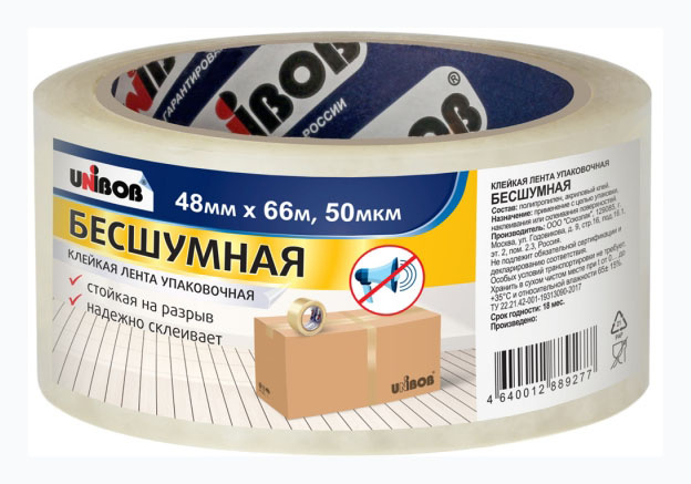 

Клейкая лента упаковочная 4.8 см x 66 м односторонняя, полипропилен, бесшумная, прозрачный, 1 шт., Unibob 1782667, 1782667