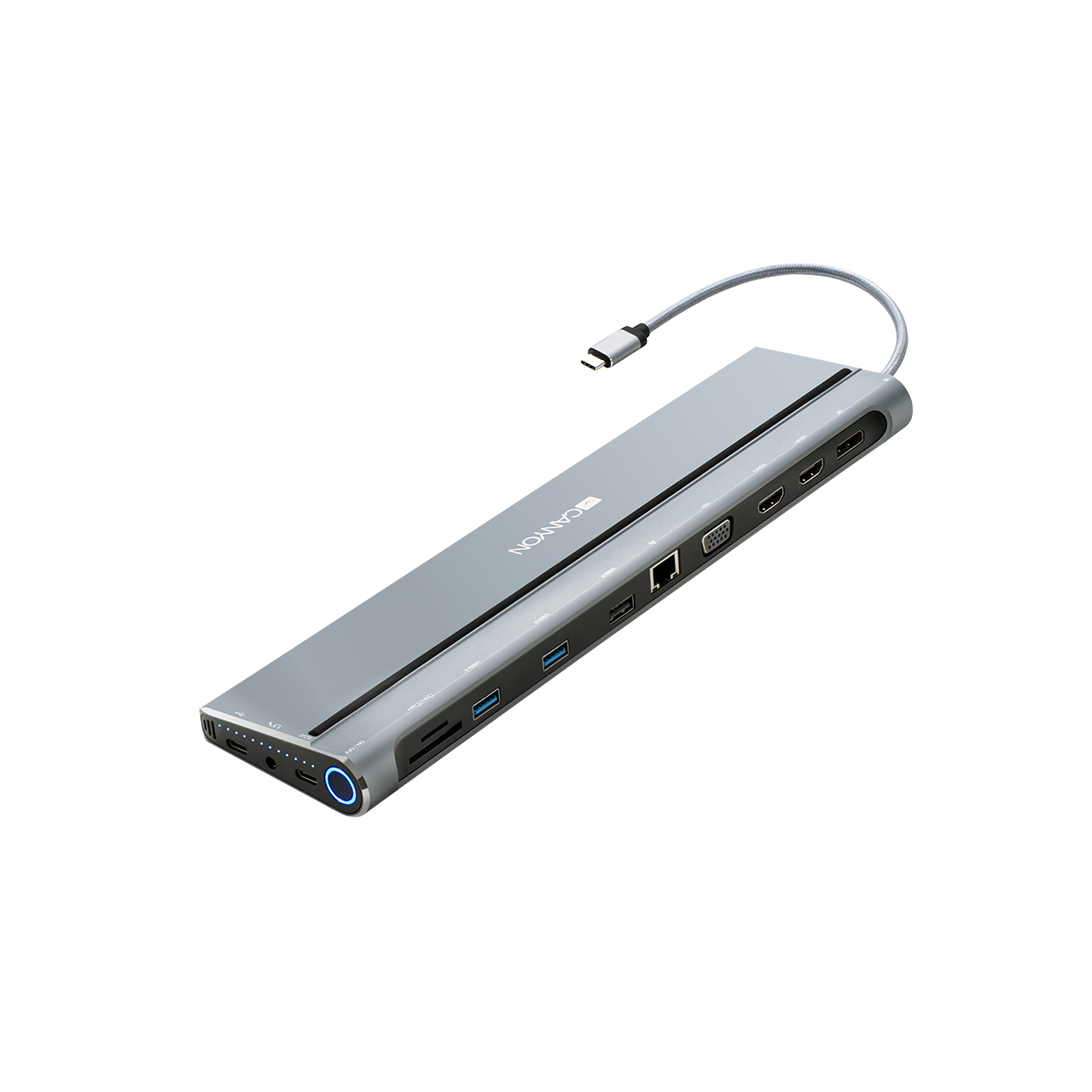 

Док-станция Canyon DS-9, 3,5-мм, 2 кардридера: SD/SDHC/SDXC и TF 3.0, 1xHDMI (4K,30 Гц), 1xDisplayPort (4K, 30 Гц), 1xVGA, 1xUSB Type C, 1xUSB Type C с PD 100 Вт, 1xRJ45, 1 замок док-станции, серый (CNS-HDS09B), DS-9