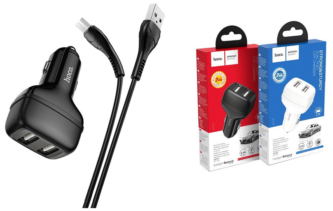 

Автомобильное зарядное устройство Hoco Z36, 2xUSB, 2.4А, кабель microUSB, белый, Z36