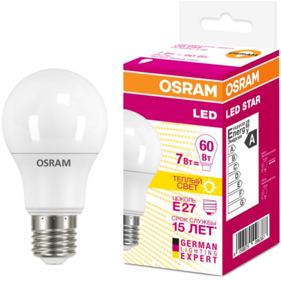 

Лампа светодиодная E27 груша/A60, 7Вт, 2700K / теплый свет, 600лм, LEDVANCE LED STAR CLASSIC (4058075096387), 0