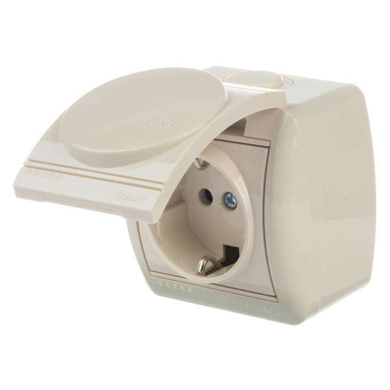 

Розетка LEZARD Nata, открытый монтаж, однопостовая, с з/к, с крышкой, 16A, в сборе, IP20, кремовый (710-0300-123)