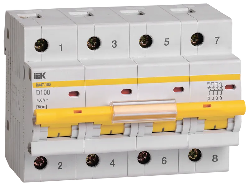 

Выключатель автоматический IEK ВА47-100 четырехполюсный (4P/4П) 100А D 10кА (MVA40-4-100-D), ВА47-100