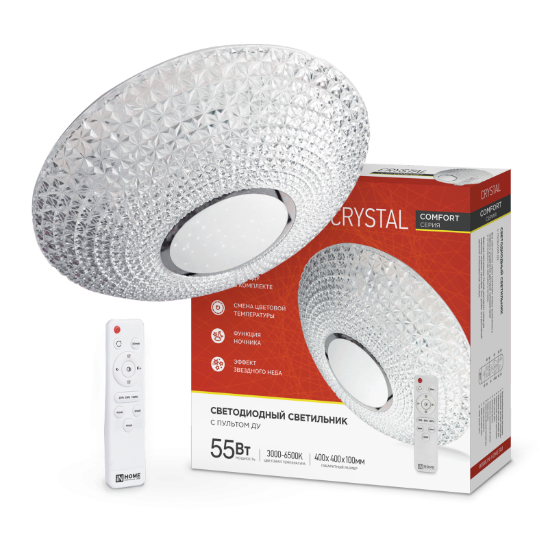 

Светильник потолочный светодиодный COMFORT CRYSTAL , 55Вт, 3000-6500K, 4400лм, IP40, IN HOME (4690612034898), COMFORT CRYSTAL