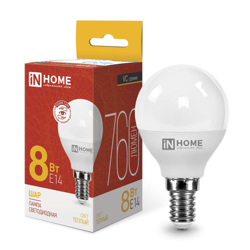 Лампа светодиодная E14 шар, 8Вт, 3000K / теплый свет, 760лм, IN HOME (4690612020549) - фото 1