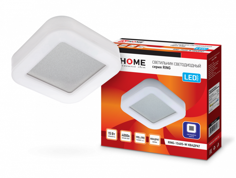 

Светильник потолочный светодиодный RING-1540S-W , 15Вт, 4000K, 910лм, IP65, IN HOME (4690612023267), RING-1540S-W