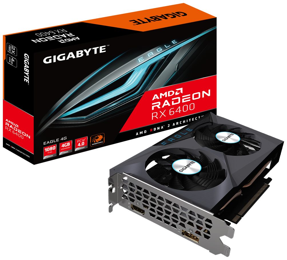 

Видеокарта GIGABYTE AMD Radeon RX 6400 Radeon, 4Gb DDR6, 64 бит, PCI-E, HDMI, DP, Retail (GV-R64EAGLE-4GD), Radeon