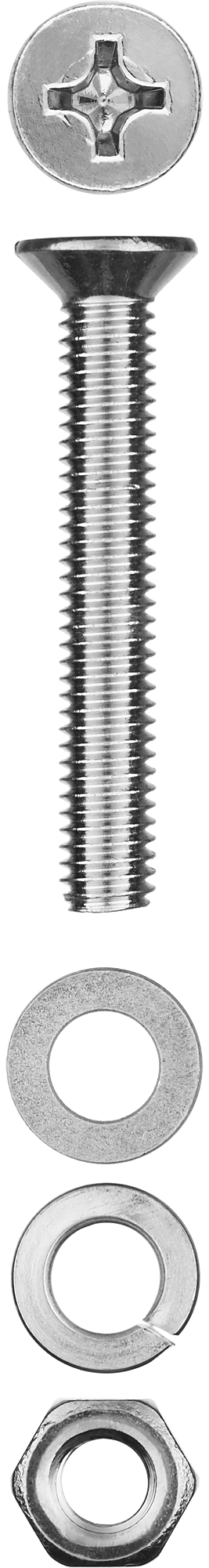 

Винт (DIN965) с потайной головкой в комплекте с гайкой (DIN934), шайбой (DIN125), шайбой пруж. (DIN127) Зубр 303456-05-050, М5, 5 см, 965 DIN, 5 мм, оцинкованная сталь, 10 шт., фасовка (303456-05-050), 303456-05-050