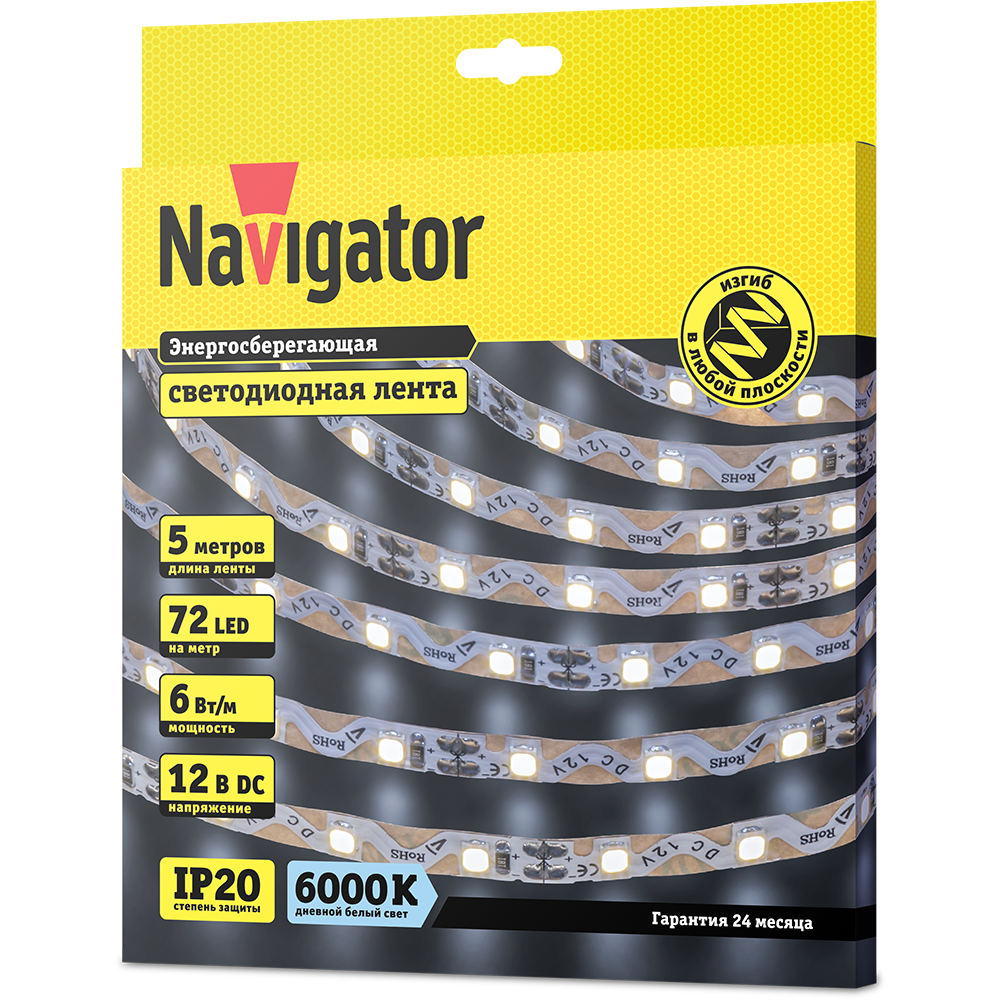 

Лента светодиодная, 5м, 72шт./6Вт на метр, 12V, 6000K, белый, IP20 Navigator (NLS-2835CWST72-6-IP20-12V), 0