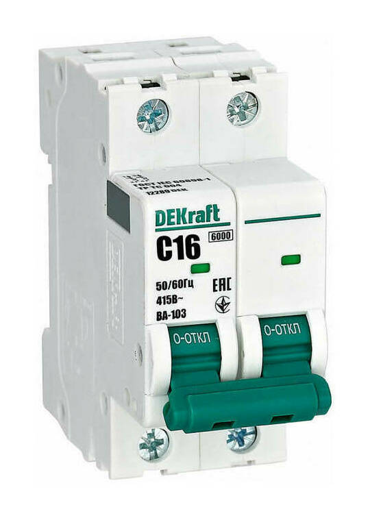 

Выключатель автоматический DeKraft ВА-103 двухполюсный (2P/2П) 16А C 6кА (12289DEK)