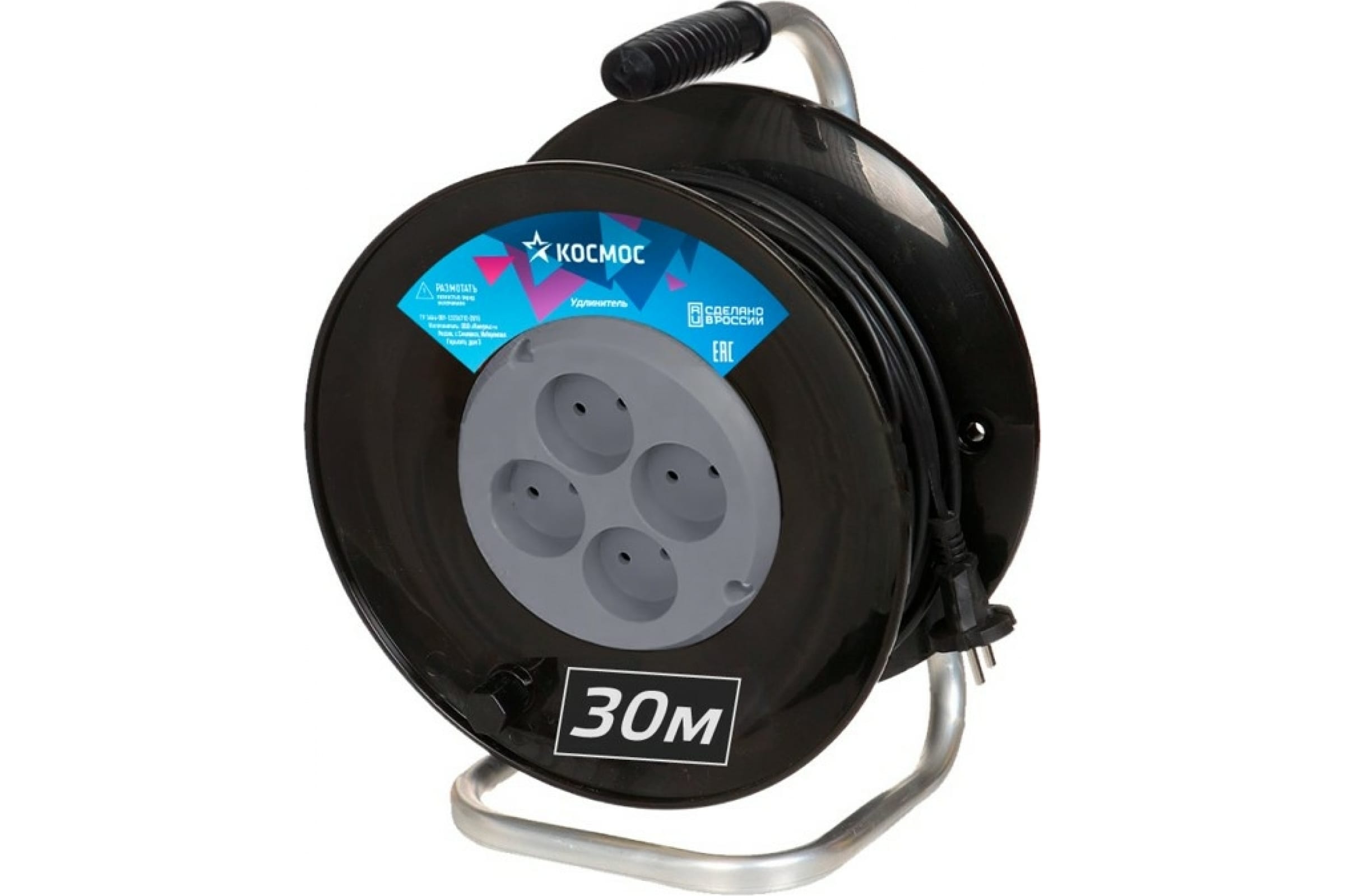 

Удлинитель на катушке Космос ПВС, 4-розетки, 30м, черный (YKKsm30m-4g(6A)), ПВС