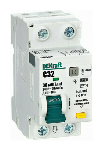 

Выключатель автоматический дифференциального тока DEKraft ДИФ-103NEW 16055DEK, 2P, C, 32А, AC/30мА, электронный (16055DEK), 16055DEK