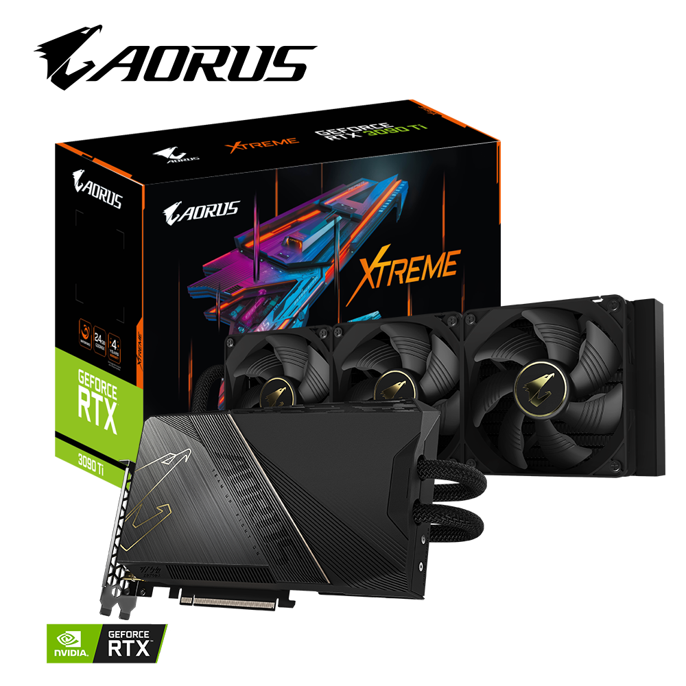 Видеокарта GIGABYTE NVIDIA GeForce RTX 3090 Ti AORUS XTREME WATERFORCE 24G, 24Gb DDR6X, 384bit, PCI-E, HDMI, 3DP, Retail (GV-N309TAORUSX W-24GD) (плохая упаковка)