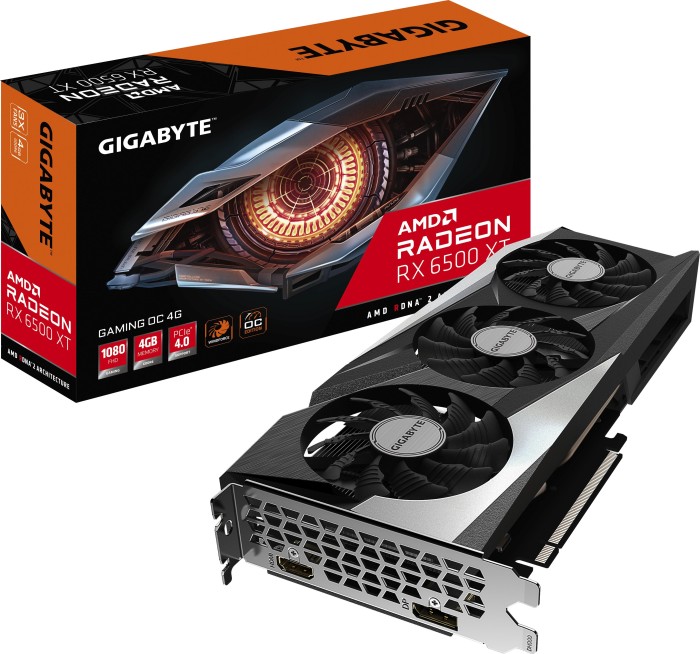 Видеокарта GIGABYTE AMD Radeon RX 6500 XT Gaming OC 4G, 4Gb DDR6, 64bit, PCI-E, HDMI, DP, Retail (GV-R65XTGAMING OC-4GD) (Плохая упаковка)