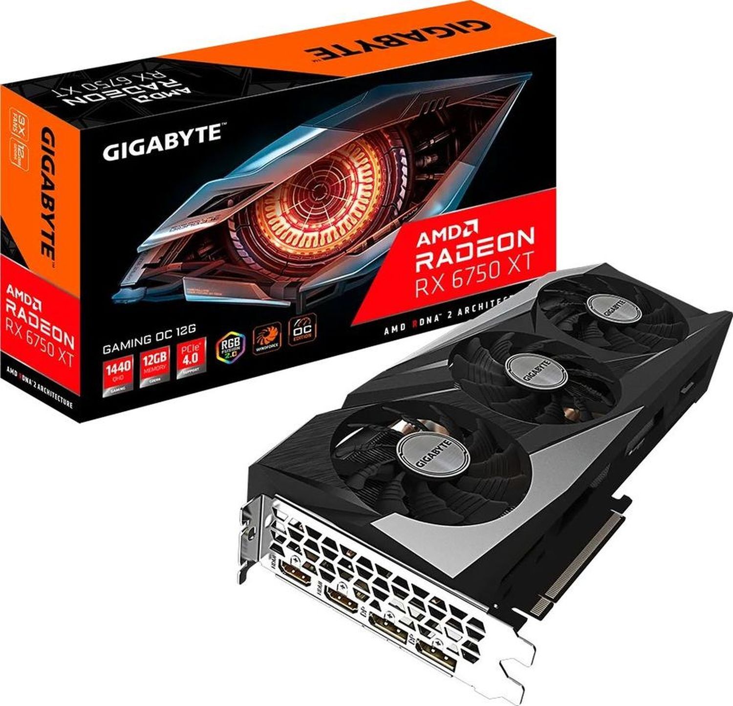 Видеокарта GIGABYTE Radeon RX 6750 XT, 12Gb DDR6, 192bit, PCI-E, 2xHDMI, 2xDP, Retail (GV-R675XTGAMING OC-12GD) (Плохая упаковка)