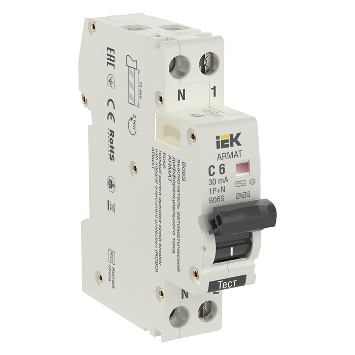 Дифференциальный автомат IEK AR-B06S-1N-C06C030, 1P+N, C, 6А, AC/30мА, электронный