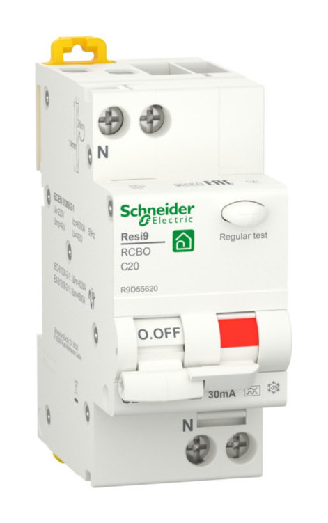 

Выключатель автоматический дифференциального тока Schneider Electric Resi9 R9D55620, 1P+N, C, 20A, A/30мА, электронный, на DIN-рейку (R9D55620), R9D55620