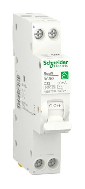 

Выключатель автоматический дифференциального тока Schneider Electric Resi9 R9D87632, 1P+N, C, 32A, AC/30мА, электронный, на DIN-рейку (R9D87632), R9D87632