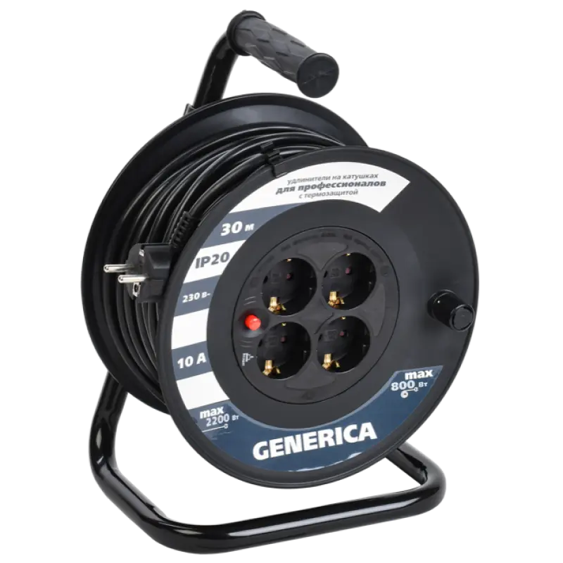 

Удлинитель на катушке IEK Generica УК30, 4-розетки, 30м, черный (WKP10-10-04-30-G), УК30