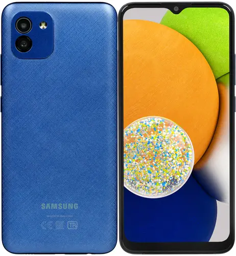 

Смартфон Samsung Galaxy A03, 6.5" 720x1600 PLS, Unisoc Tiger T606, 3Gb RAM, 32Gb, 3G/4G, Wi-Fi, BT, 2xCam, 2-Sim, 5000 мА⋅ч, Micro-USB, Android 11, синий (SM-A035FZBDSKZ), Galaxy A03