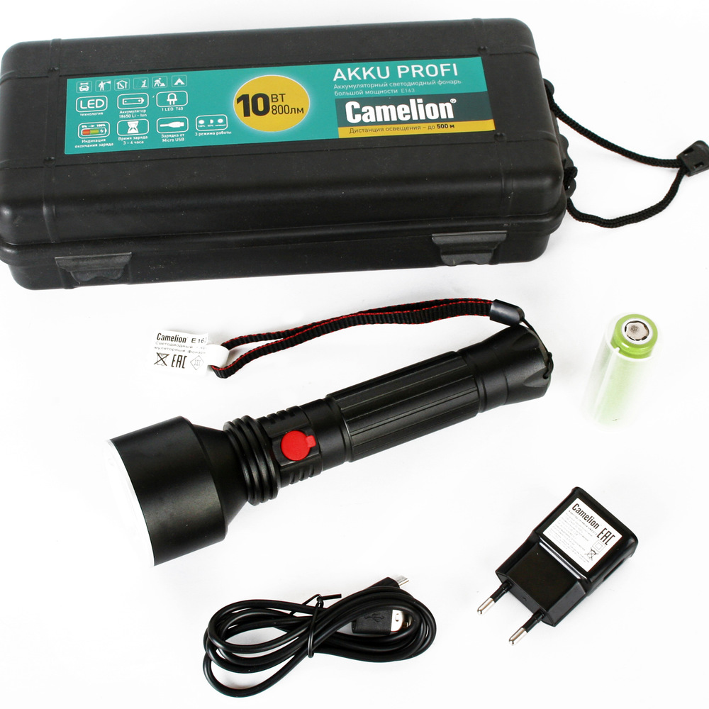 

Фонарь ручной Camelion E163 (14279) 800 лм 10Вт режим 100% яркости - до 2 часов, 50% яркости - до 5 часов, зарядка от бортовой сети автомобиля /через порт USB2.0, Черный, E163