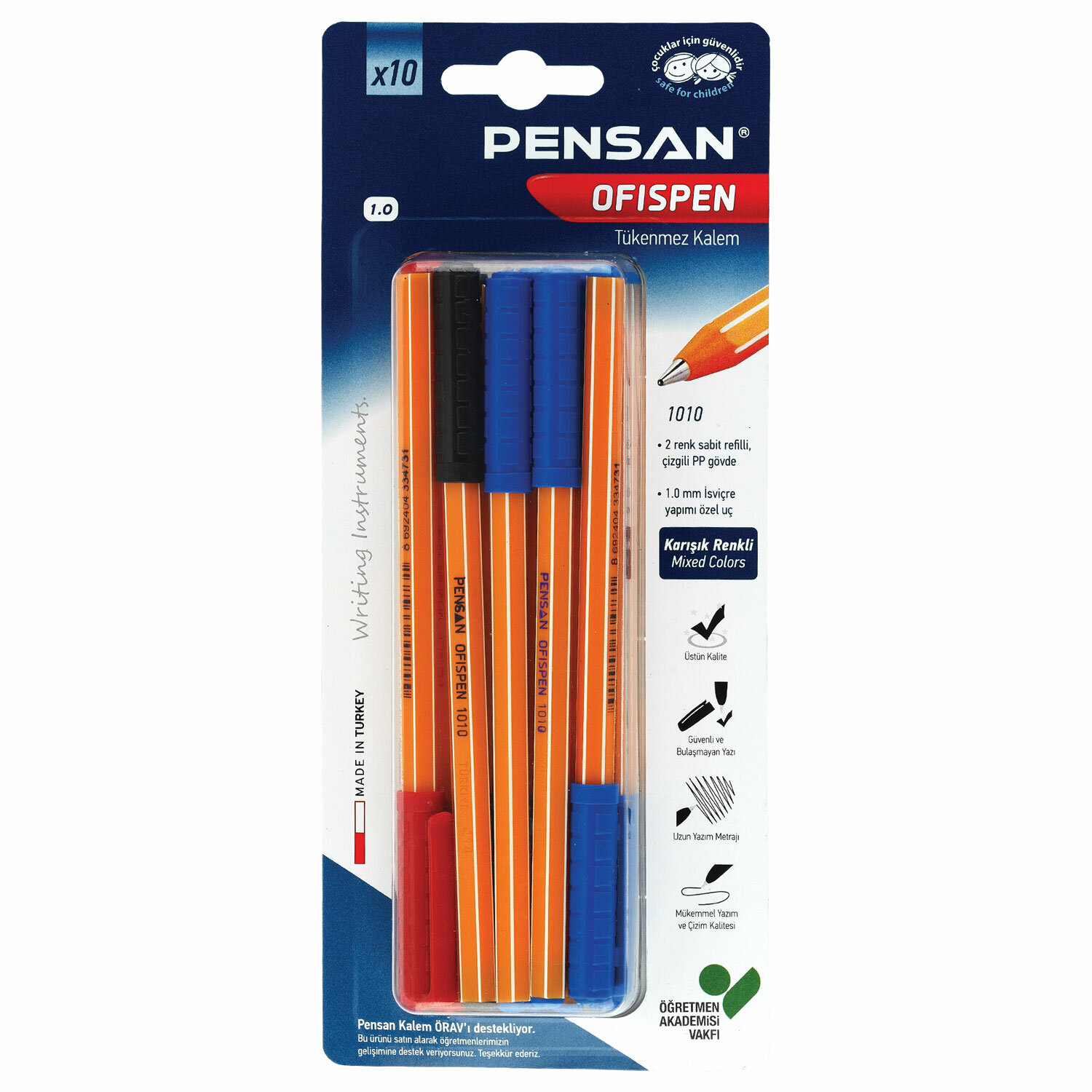 

Ручка масляная Pensan Officepen, красный, синий, черный, 10шт., пластик, колпачок, блистер (143840), Officepen
